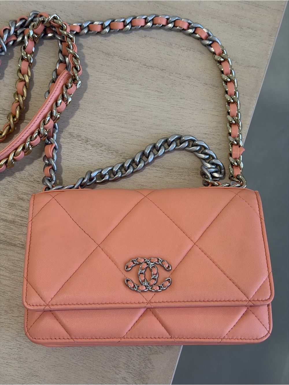 CHANEL 19 Wallet on Chain Salmon Lambskin Quilted mixed metal hardware